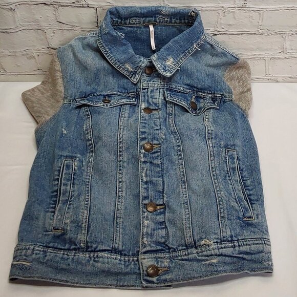 'FREE PEOPLE' DISTRESSED DENIM JACKET TEXTURE SLEEVE VINTAGE - Picture 16 of 16